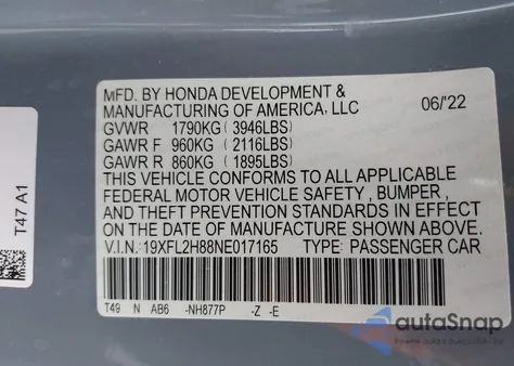 2022 Honda Civic Sport from USA, damaged, VIN 19XFL2H88NE017165